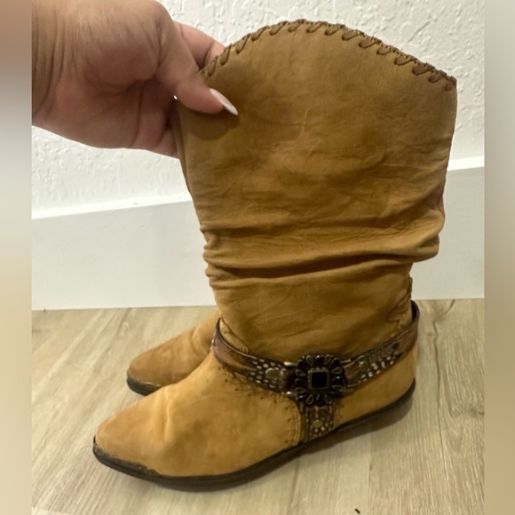 Vintage Zodiac Tan Leather Harness Cowboy Boots Size 7.5 Boho Western - Picture 2 of 5